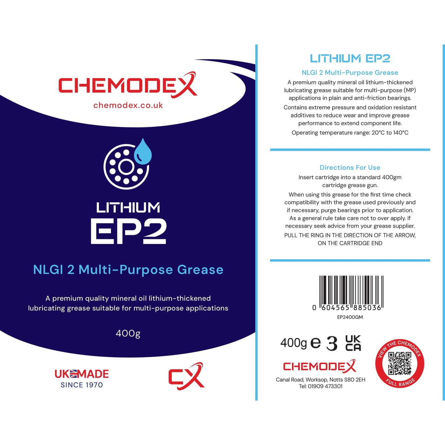 Chemodex Premium Multipurpose High Load Lithium EP2 Grease - 400g Cartridge