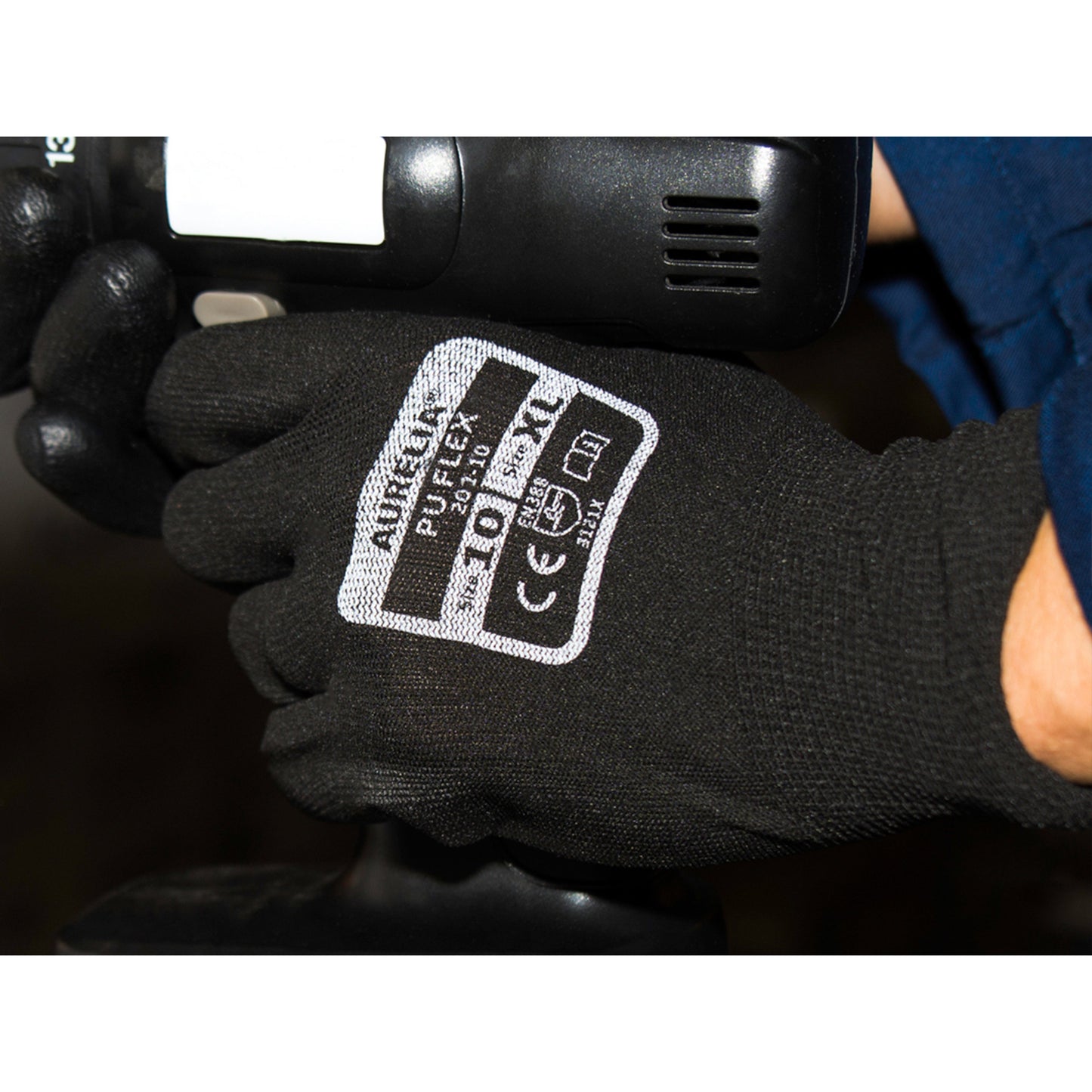 Work PU Coated Flex Black Palm Polyester Liner Engineers Gloves