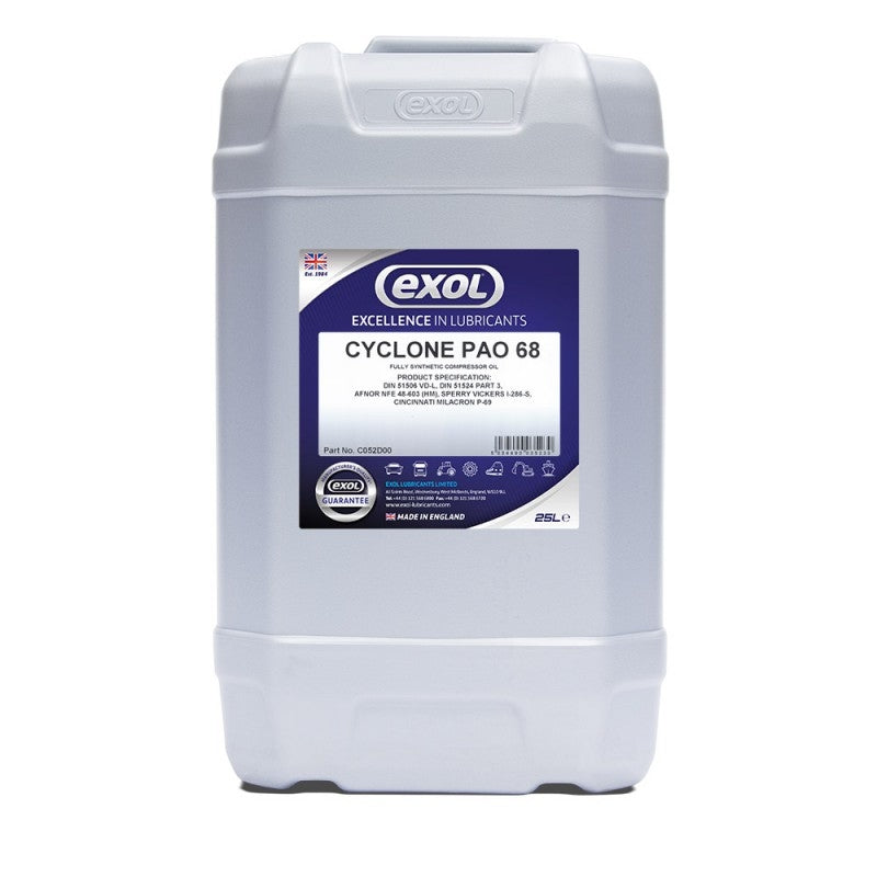 EXOL Cyclone PAO 68 Premium Fully Synthetic Compressor Fluid: High-Efficiency Piston Compressor Oil (C052) - 25 Litres