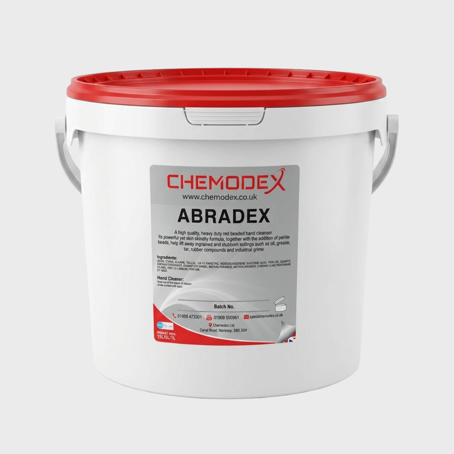 Chemodex Abradex Heavy Duty Beaded Hand Cleaner - Red - 5 Litres. Hand Cleaner with Perlite. Industrial Hand Cleaner. Grime Remover. Dirt Remover. Mechanic Hand Cleaner. Oil Remover. Heavy Duty Hand Cleaner. Abrasive Hand Cleaner.