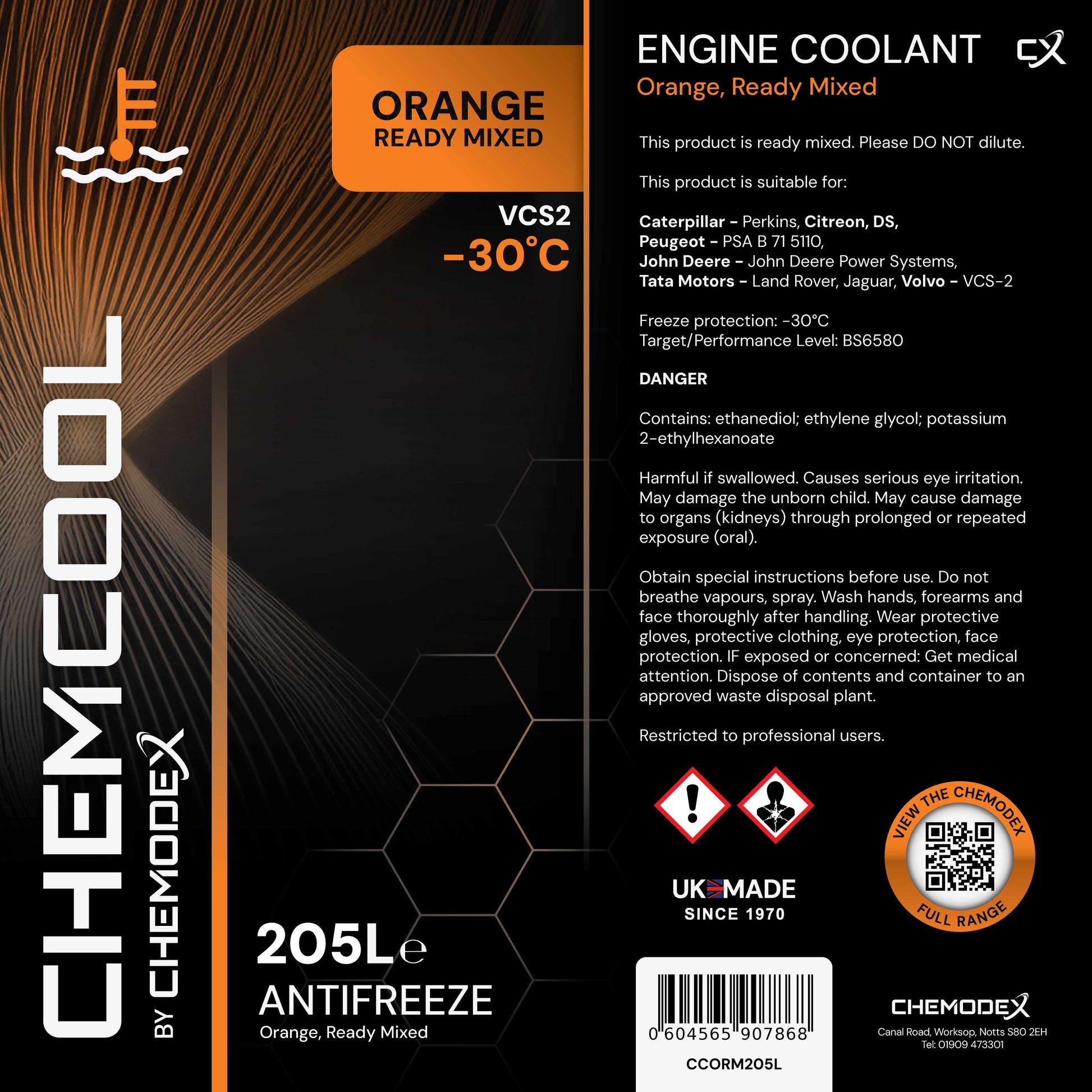 ChemCool -30°C Ready To Use Mixed Antifreeze Coolant in Orange 205 Litre Barrel