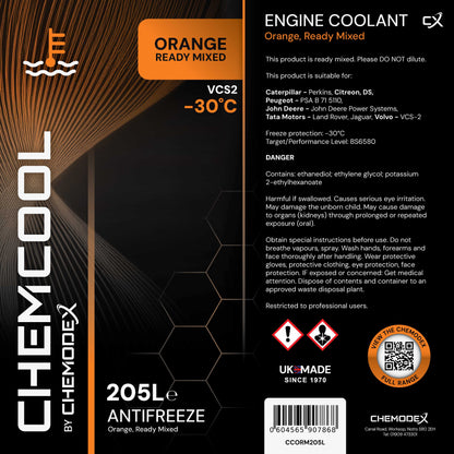 ChemCool -30°C Ready To Use Mixed Antifreeze Coolant in Orange 205 Litre Barrel