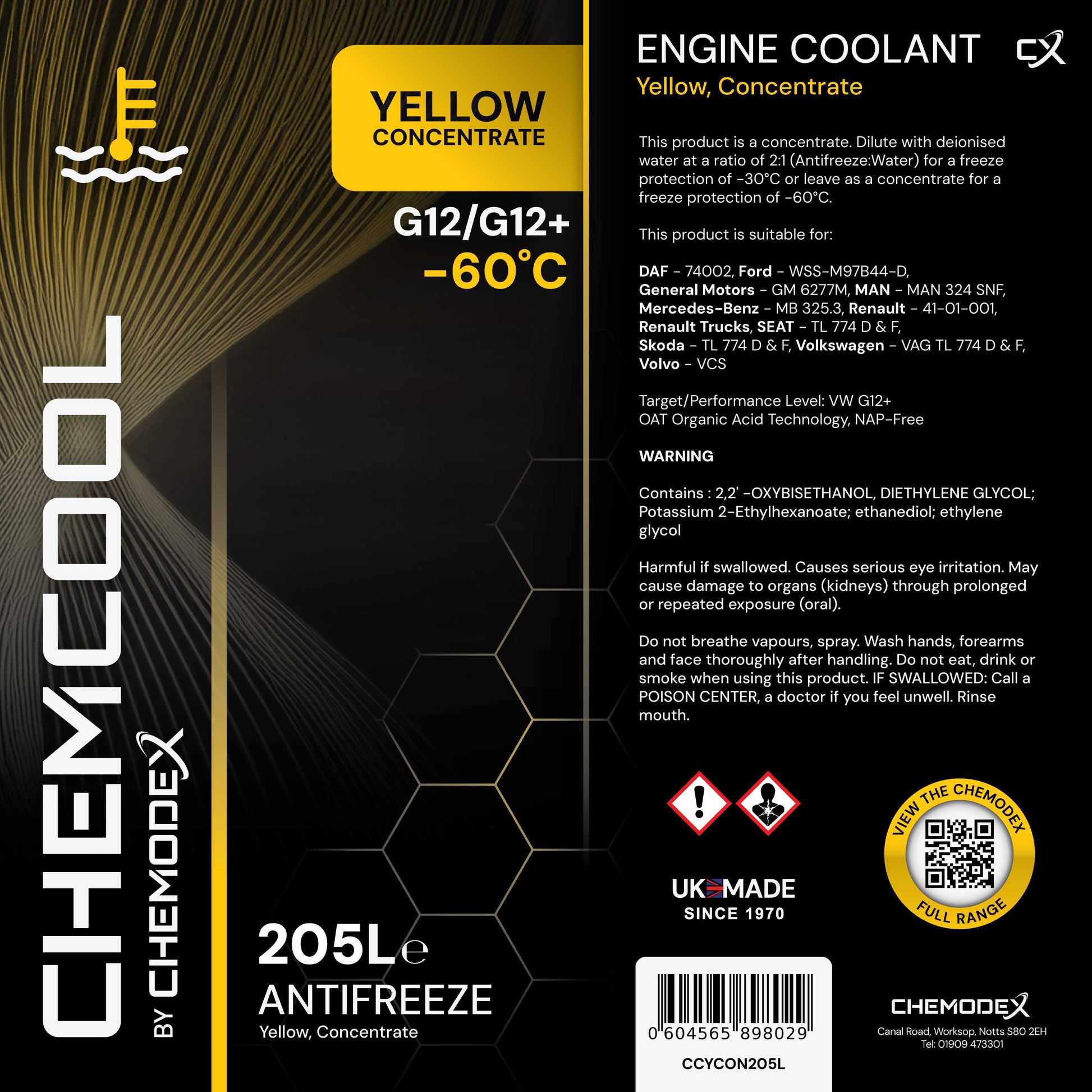 ChemCool Concentrate -60°C Antifreeze Coolant Long Life Yellow 205 Litre Barrel