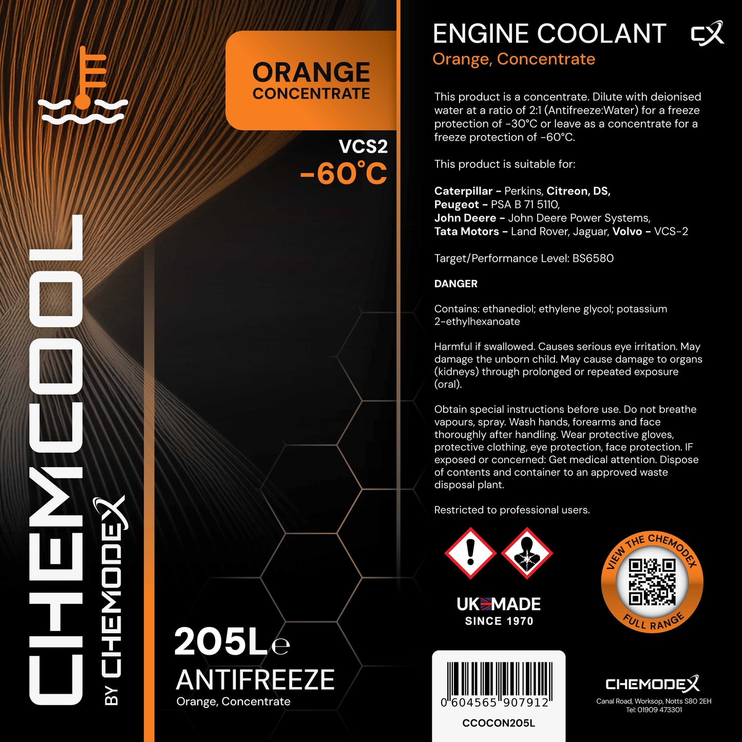 ChemCool Concentrate -60°C Antifreeze Coolant In Orange 205 Litre Barrel