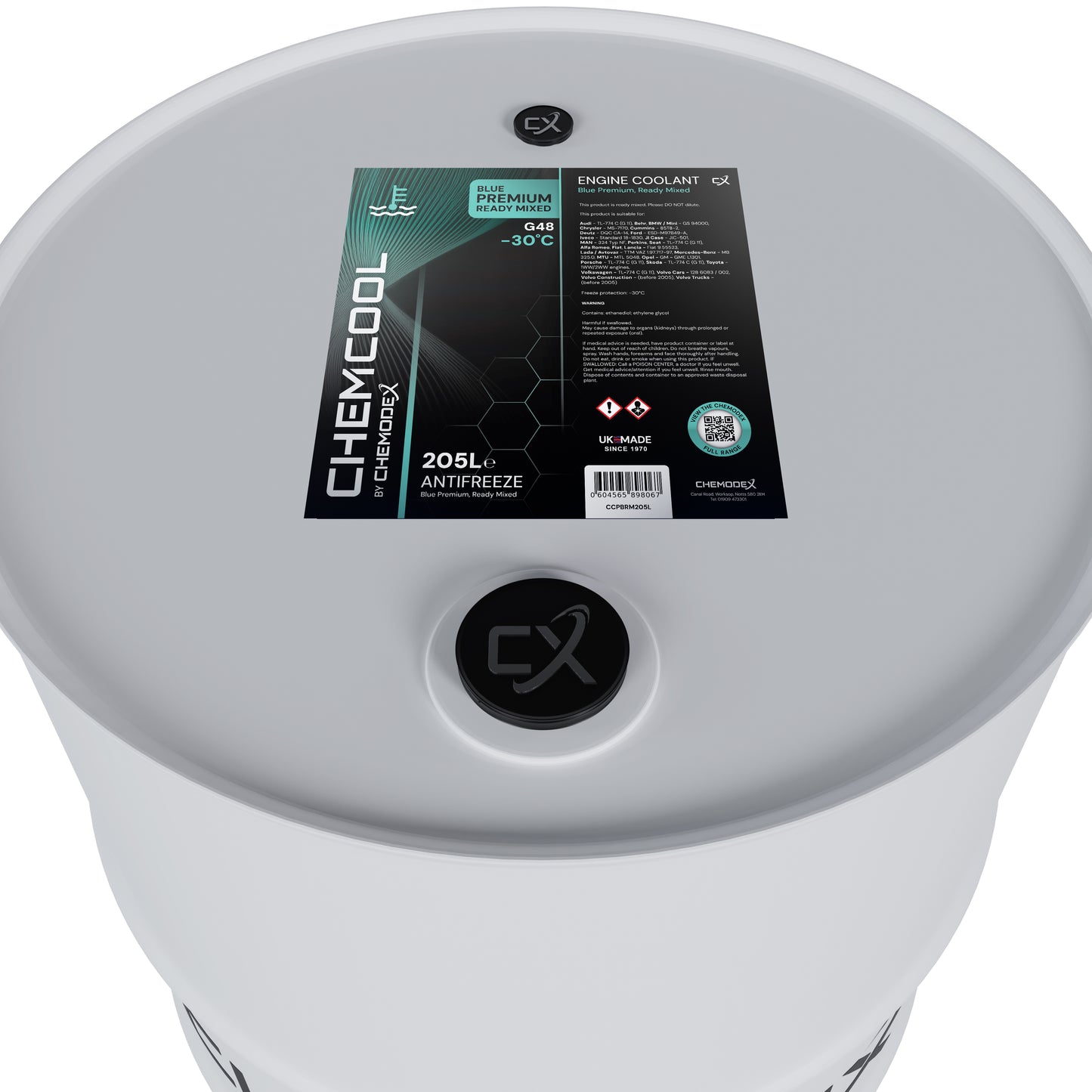 ChemCool Premium -30°C Ready To Use, Blue Mixed Antifreeze Coolant, 205 Litre Barrel