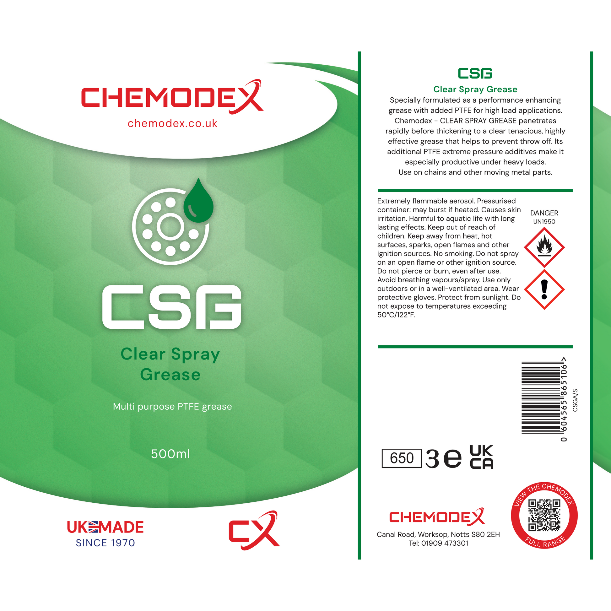 Chemodex CSG - Specialist High Performance Clear PTFE Multi-Purpose Spray Grease 500ml Aerosol