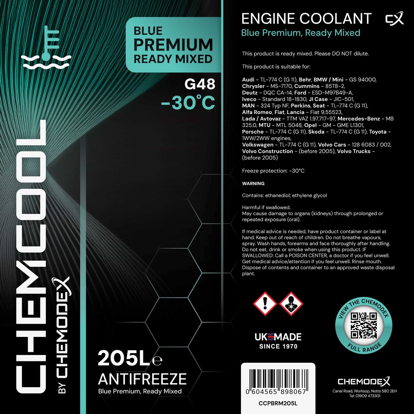 ChemCool Premium -30°C Ready To Use, Blue Mixed Antifreeze Coolant, 205 Litre Barrel