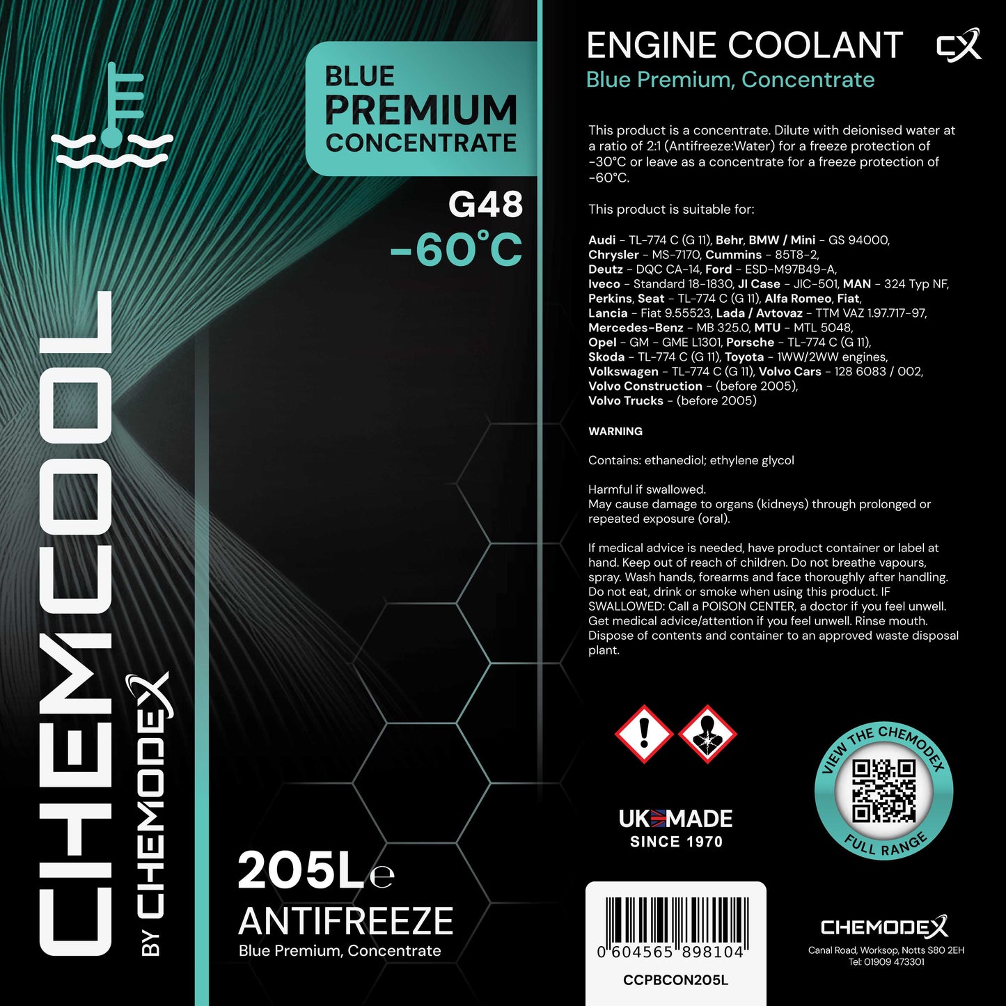 ChemCool Premium Concentrate -60°C Antifreeze Coolant In Blue 205 Litre Barrel