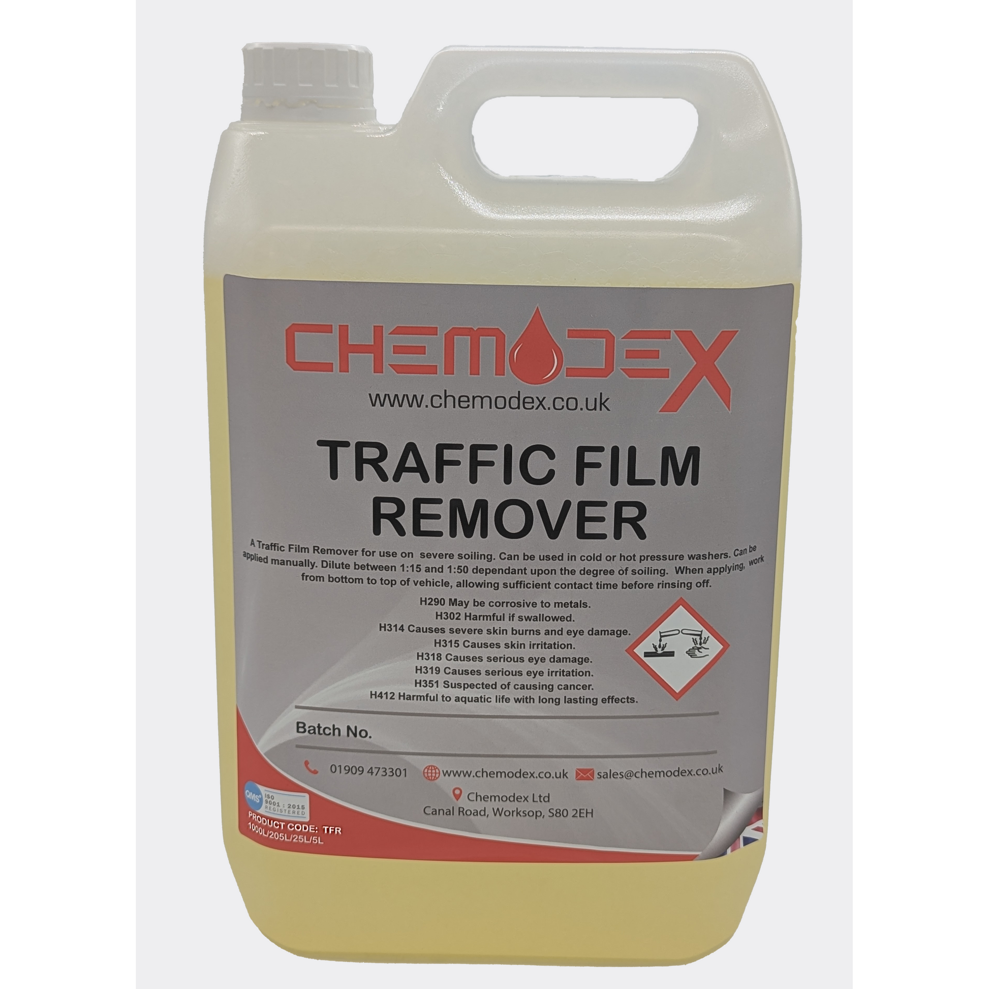 Chemodex Traffic Film Remover - 5 Litre.  Powerful Cleaner for Grease, Oil & Dirt - Concentrated Formula - Safe on All Vehicles. Removes Road Grime, Bugs & More.